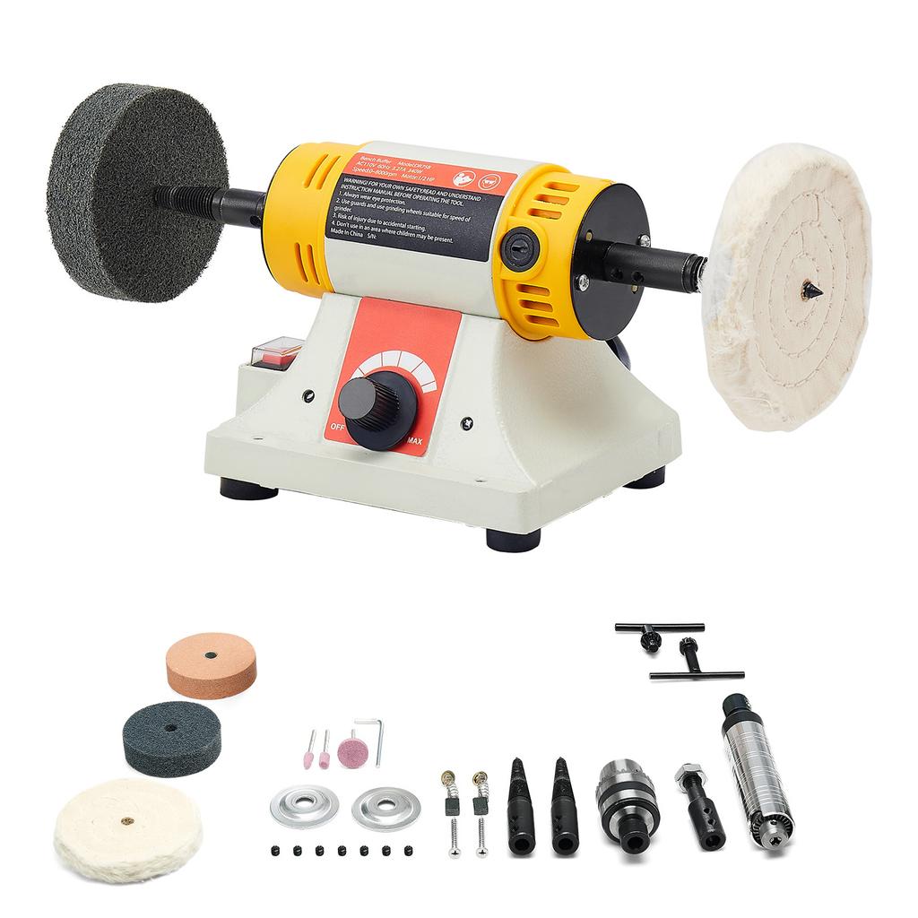 SucceBuy Bench Buffer Polisher 1/2HP 0 to 8000RPM with 4"Cloth Wheel 3"Grinding Wheel 3"Fiber Wheel for Metal Jewelry Plastic