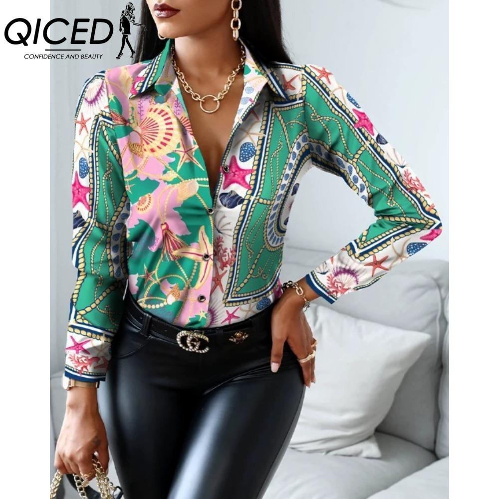 QICED Women's Fashion Casual Solid Color Print Long Sleeve POLO Neck Blouses & Shirts