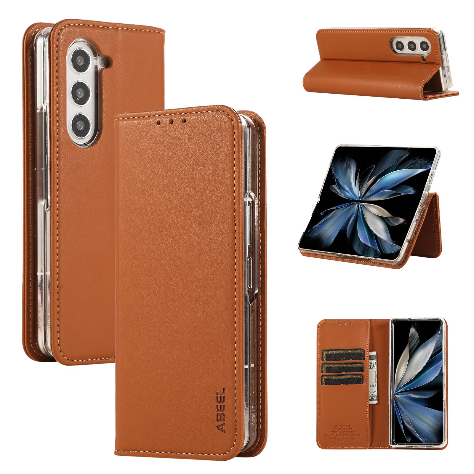 

For Samsung Galaxy Z Fold5 5G Stand Case RFID Blocking Leather Phone Cover Brown