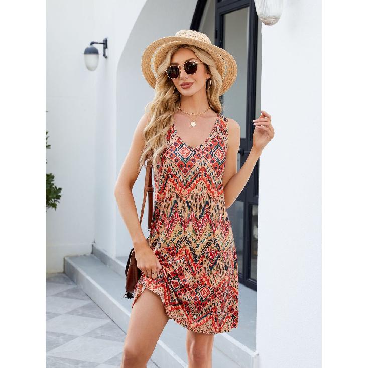 Letní Jarní Tištěné Bez ramínek Ležérní Volné Šaty ke kolenům Bez rukávů Výstřih do V Polyesterové vlákno Široký Pas Večerní šaty