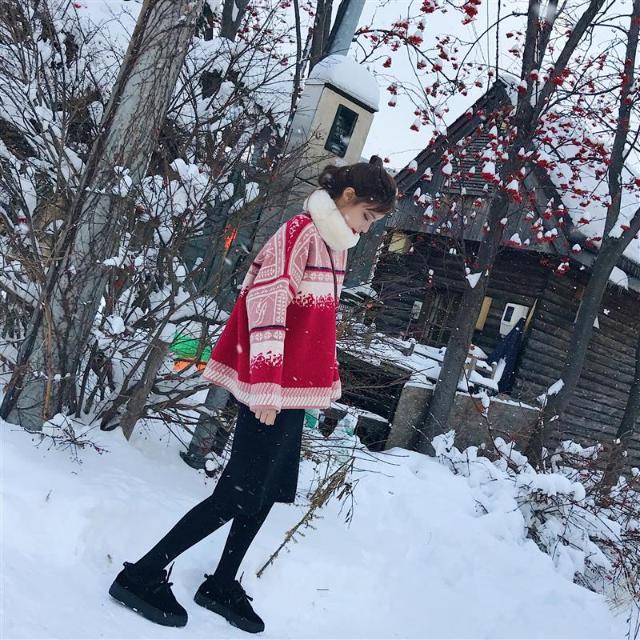 Pofulove Fashion Christmas Red Autumn Winter Lazy Loose Sweater Outerwear Women Autumn Winter Korean Style