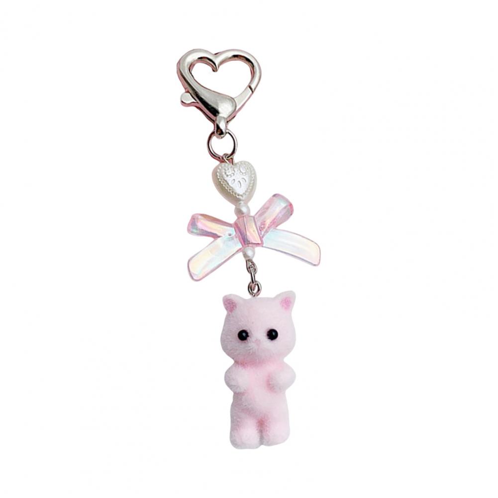 Heart Shape Keyring Flocked Cat Pendant Keychain with Bowknot Decor Heart Shape Fashionable Hanging Ornament for Wallet Backpack