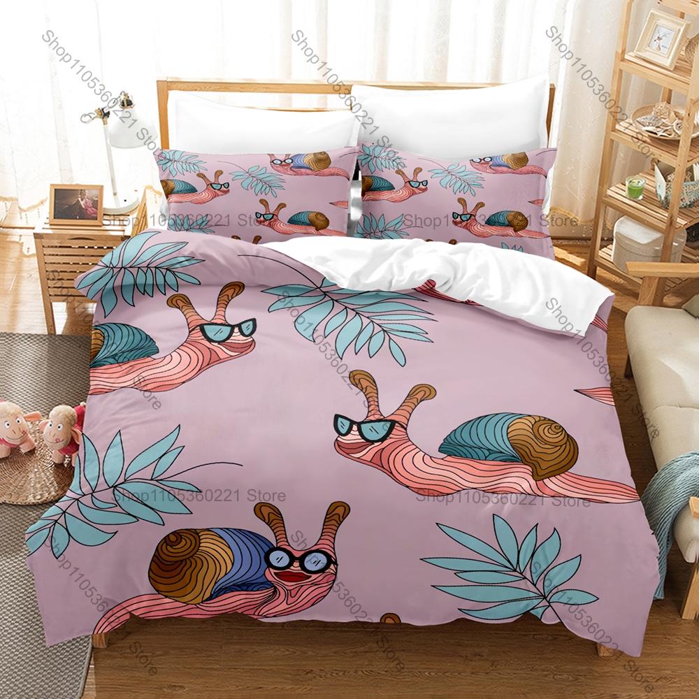 Kawaii Snail Pattern 3-Piece Bed Set Comfortable Lightweight Duvet Cover Pillow Shams Lovely Animal Print Bedding Kit Children