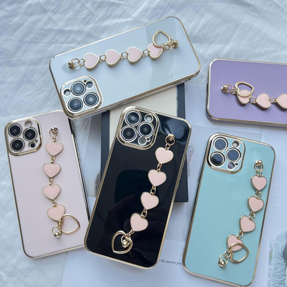 

Роскошный чехол для телефона из ТПУ с розовым сердечком и покрытием края для iPhone 15 14 13 Pro Max 8 Xiaomi 14 Redmi Note 13 Pro Чехлы-цепочки
