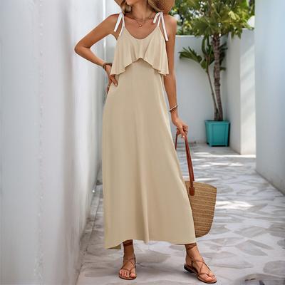 2025 New Casual Vacation Long Ruffle Edge Decorative Suspender Solid Color Dress