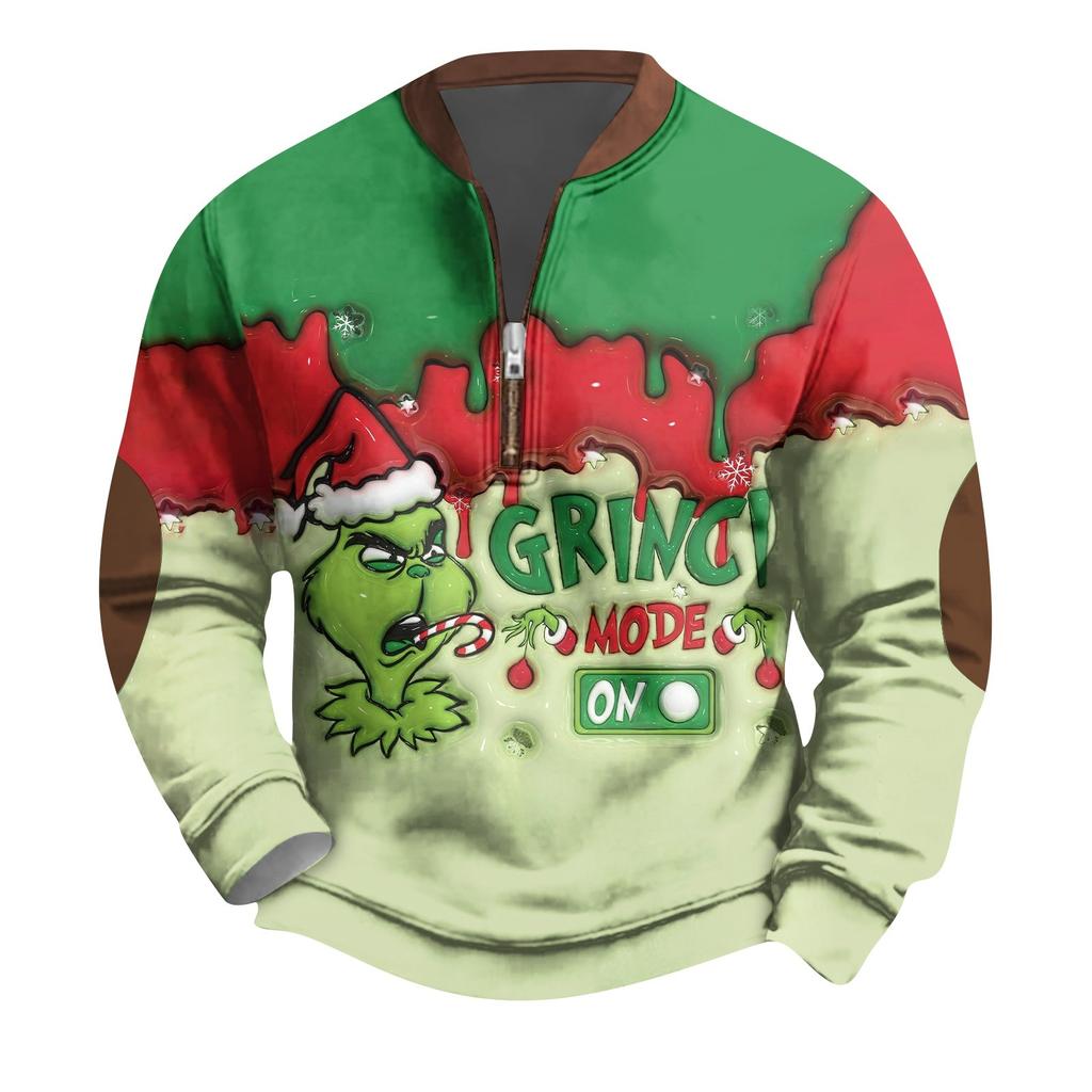 Men's Vintage Green Christmas Casual Three-dimensional Printed Zip-up Sweatshirt Pullover
