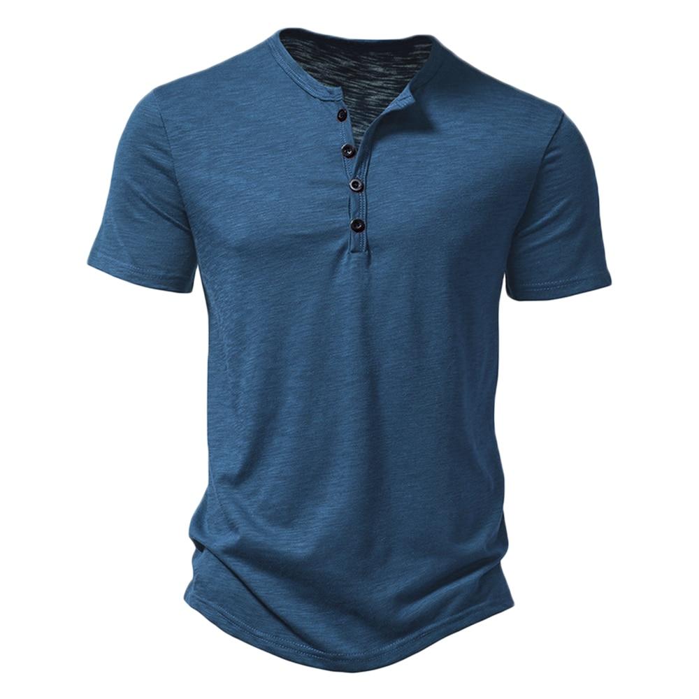 King Billion Henley kraag zomer heren casual effen kleur korte mouw t-shirt voor heren polo heren katoenen heren t-shirts US L(70-80KG) denimblauwe kleur