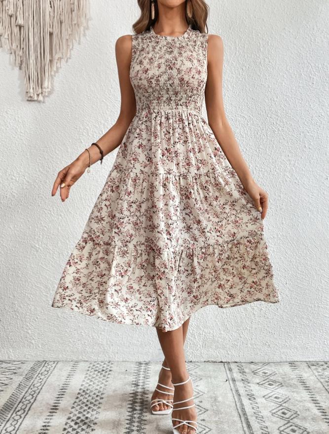 Sommer-Blumenprint ärmelloses Rundhalskleid hohe Taille und dünnes Design Europäisches und Amerikanisches bedrucktes Kleid
