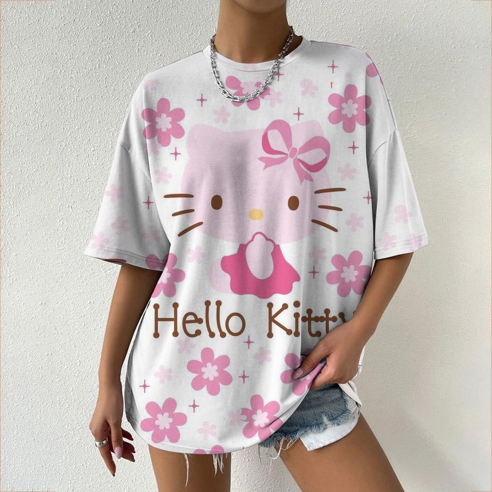 Hello Kitty Tops Aesthetic Women's T-shirts Streetwear Woman Funny Tees Short Sleeves T-shirt Clothing Fashion Girl Festival Top