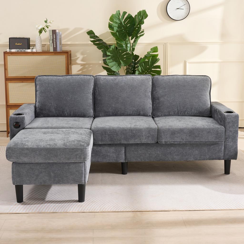 Upholstered sofa with USB and Type-C ports, 3-seater with two cup holders for living room, lounge and bedroom – L-shaped sofa bed, Grey, Linen