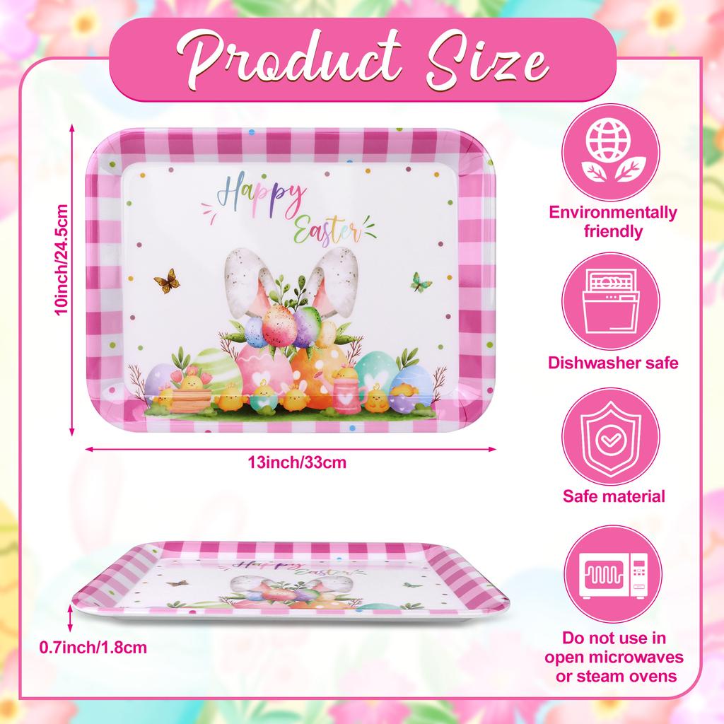 3 Pcs Easter Serving Trays Watercolor Bunny Egg Platter,13X10 Serving Dishes Vintage Spring Flower Rabbit Melamine Tray Snacks C