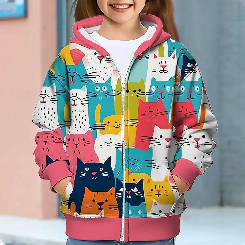 Girls  3D Cat Hoodie Coat Outerwear Long Sleeve 3D Print Fall Winter Active Fashion Cute Kids 3-12 Years 100
