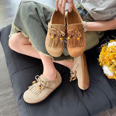 Cowhide Version Women's Autumn New Tassel One-pedal Single Shoes All-inclusive Ugly Cute Boken Shoes Doudou Shoes