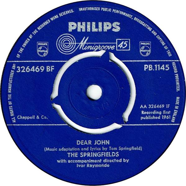 

7-дюймовая пластинка SPRINGFIELDS - Dear John PB1145 Philips 1961 UK Поп Б/у