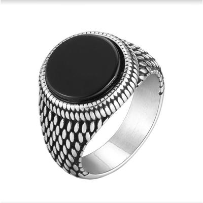 Mens Black Onyx Turquoise Signet Ring Stainless Steel Elegant Unisex Jewelry Accessory