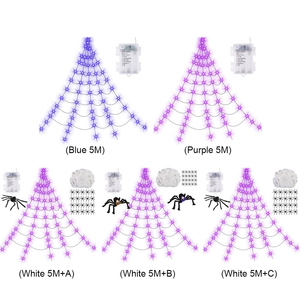 Haunted House Props Spider Web 8 Modes LED Spider Net Halloween Spider Web String Light for Party Garden Hanging Halloween Decor