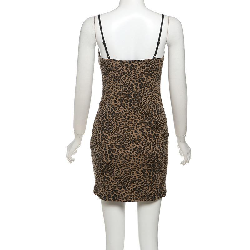 Women's Leopard Print Sexy Spice One Shoulder Hollowed-out Slim-fit Wrap Buttock Dress