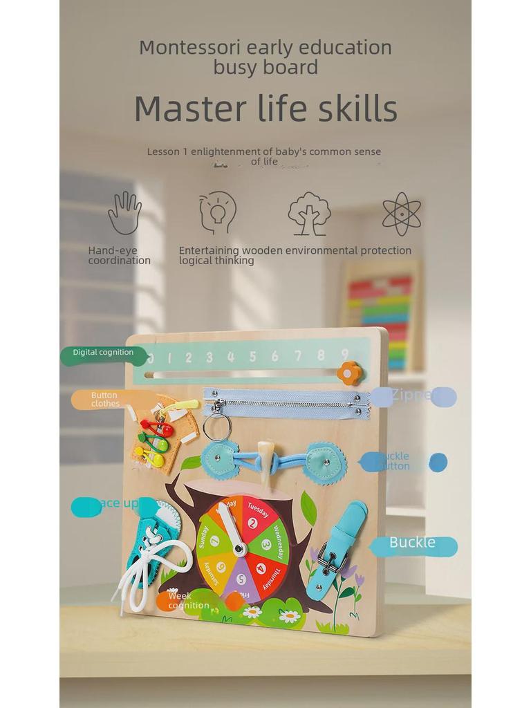 Montessori Busy Board: Multifunctional Educational Toy for Developing Life Skills and Puzzle Solving In Early Childhood.