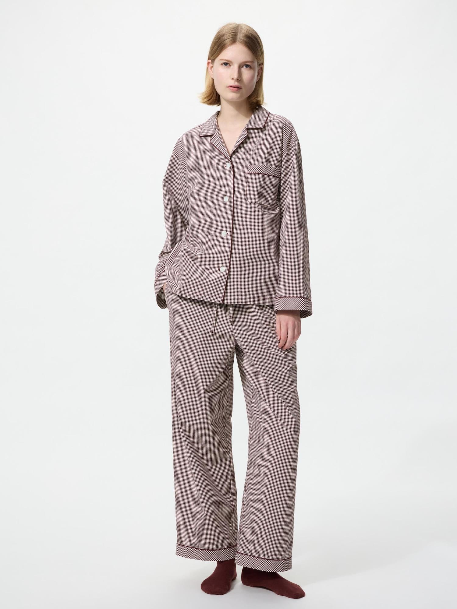 Uniqlo Cotton Pajamas Gingham Check 19 WINE/WOMEN S