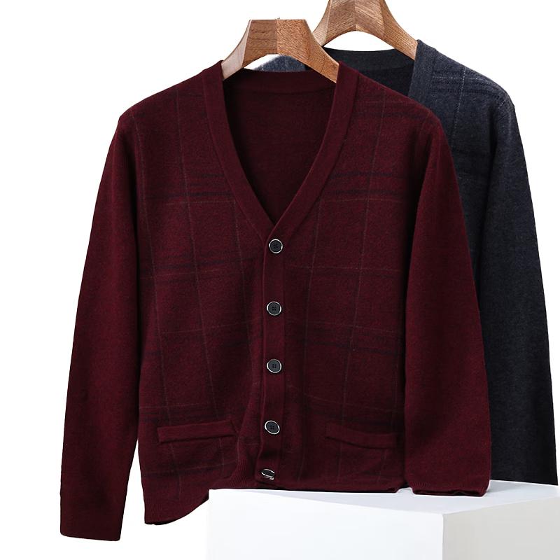 ROMON Men's 100% Pure Wool Thick V-Neck Button Cardigan
