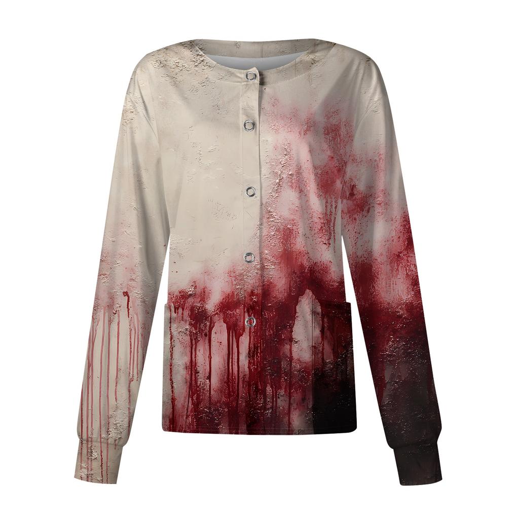 Womens Long Sleeve Button Front Cardigan Halloween Print Spider Web Pattern Lightweight Knit Top for Casual Wear and Work Uniform