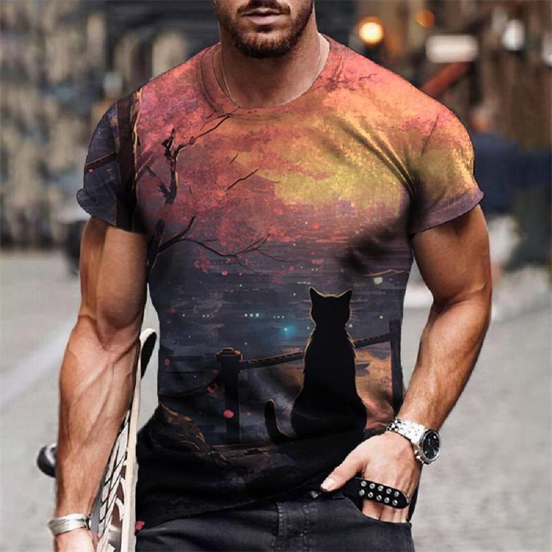 Starry Sky Cat Universe Pattern Funny Animal 3D Printed Men's T-shirts Summer Harajuku Short Sleeve O-Neck Tops