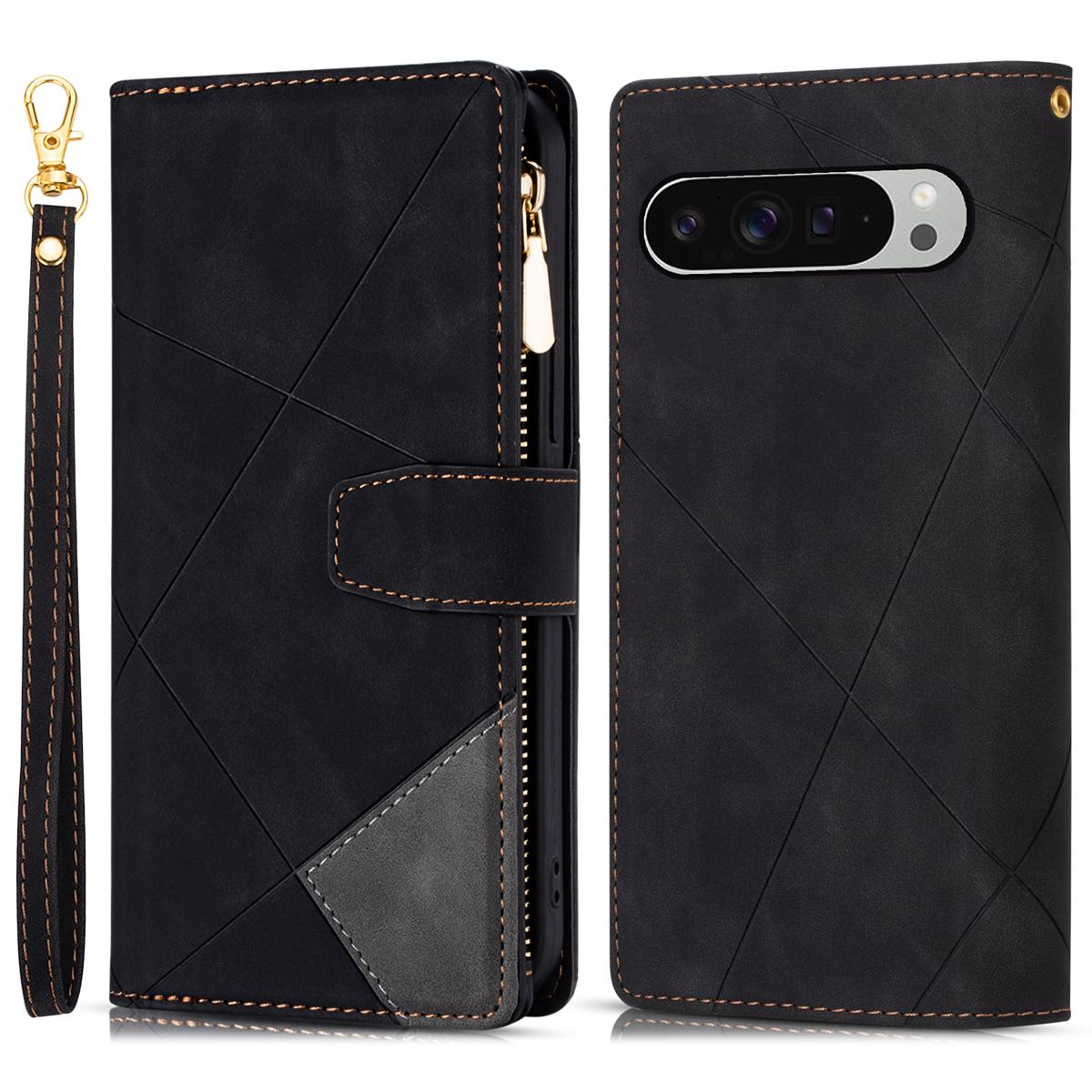 

For Google Pixel 9 Pro XL Wallet Case Color Splicing Leather Phone Cover with Stand Black
