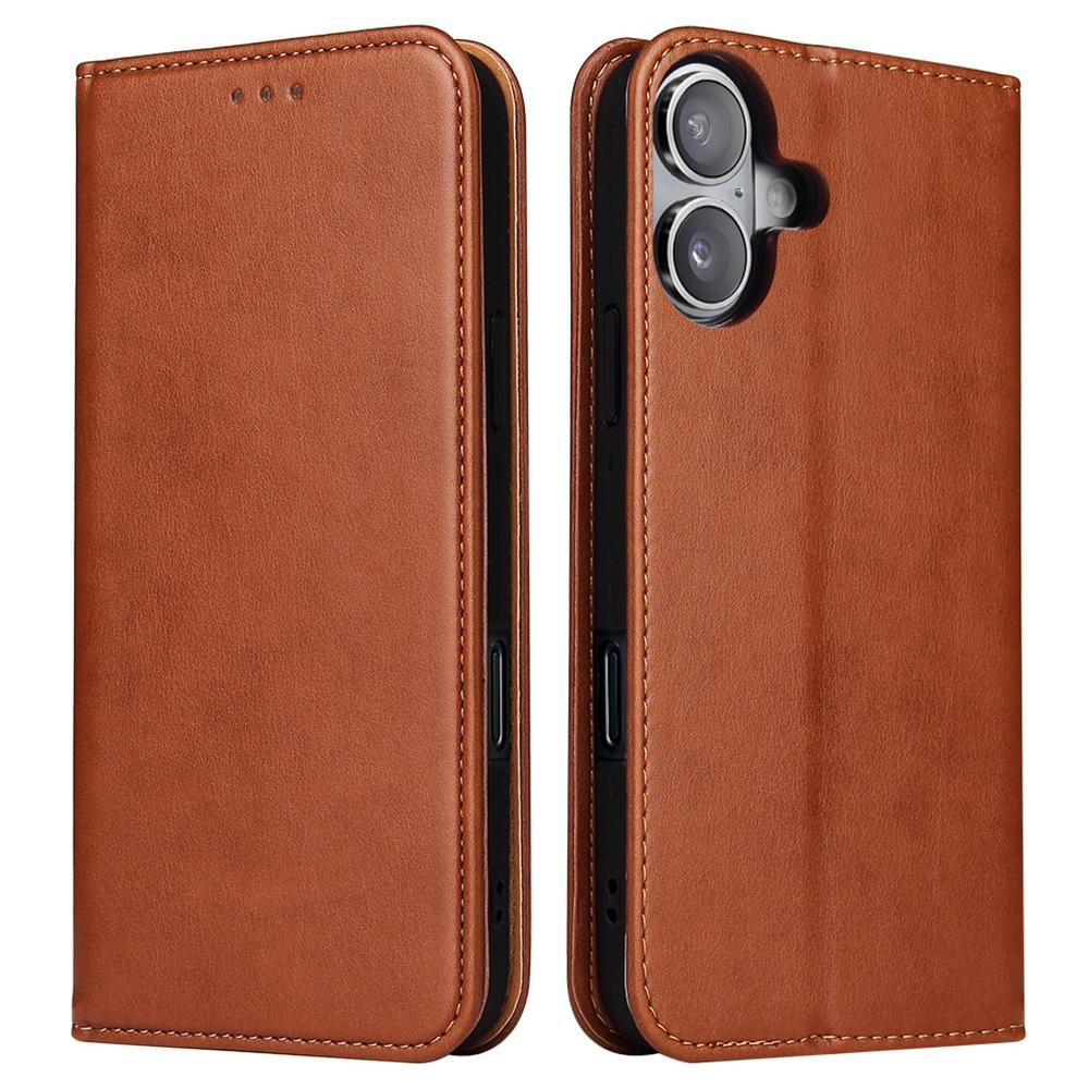 

FIERRE SHANN For iPhone 16 Case PU Leather Flip Stand Wallet Phone Cover Brown