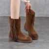 Retro Tassel Mid Heeled Women's Boots Genuine Leather Round Toe Versatile Mid-calf Boots