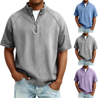 Men  Cotton  Wash Shirt Tee Top Short Sleeve Stand Collar
