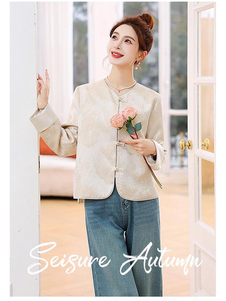 2025 Women's Spring Jacquard Color Block Retro Jacket with Frog Buttons