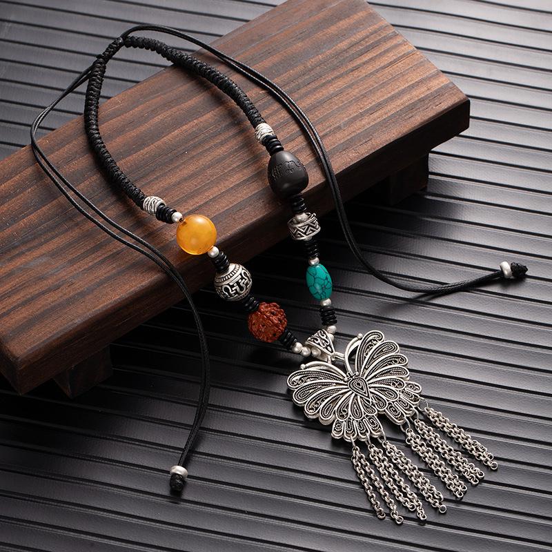 Retro Diamant Bodhi Verstellbare Glücksbringende Schlüsselbeinkette Damen Silber Bernstein Halskette Pulloverkette