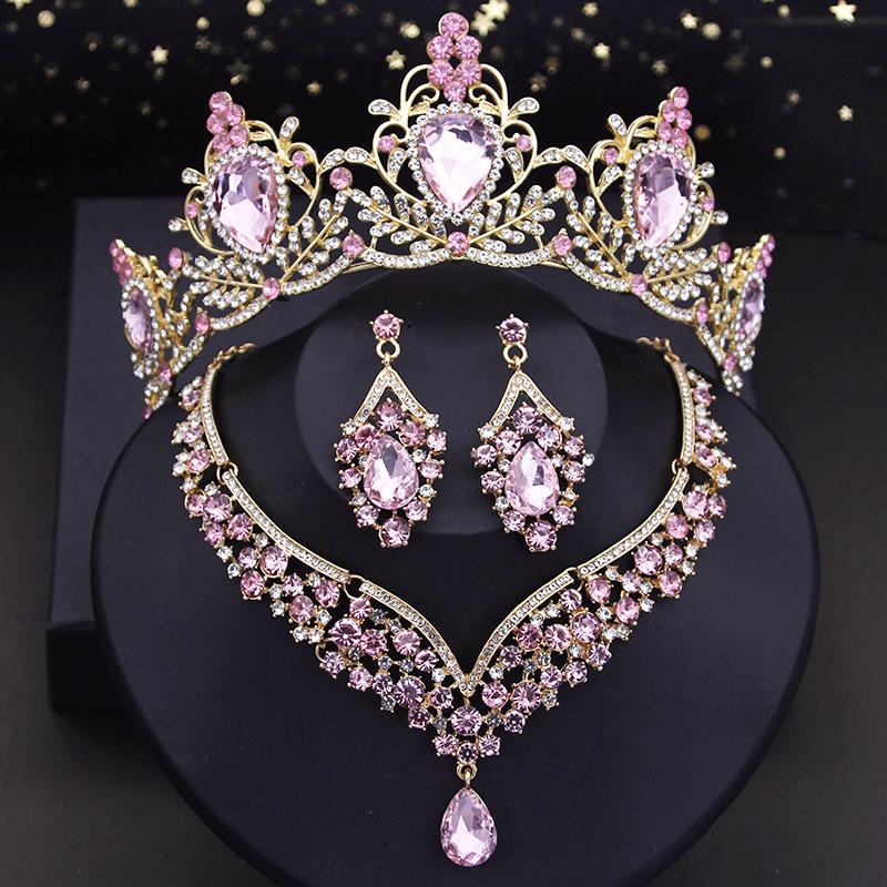 Purple Crown Bride Jewelry Sets Luxury Princess Wedding Tiaras Choker Necklace Set Bridal Earring Costume Jewelry Dubai Sets