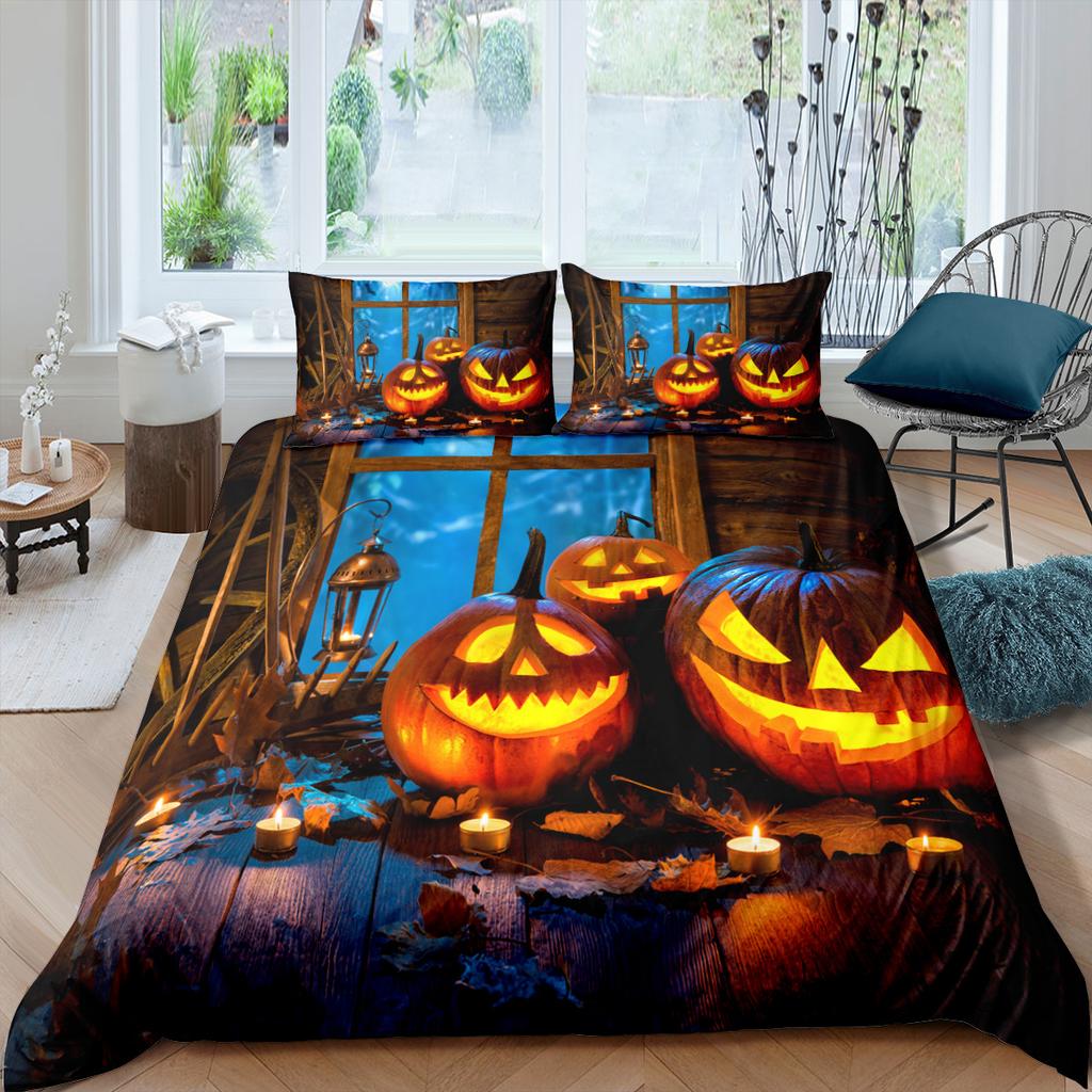 3D Halloween Bedding Set Pumpkin Ghost Quilt Cover Pillowcase 2/3 Pieces AU/DE/EU/US Full Size Soft and Easy To Clean Bedroom Decoration