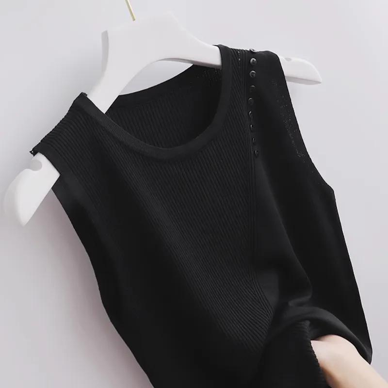 WTEMPO Women Spring Summer Knitted Camisole Vests Outerwear Loose Short Base Shirts Stylish Round Collar Sleeveless Tops