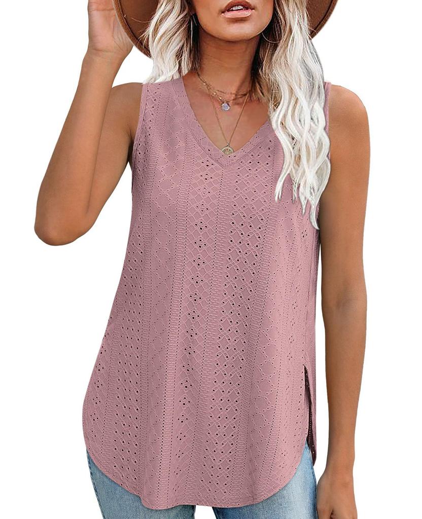 2025 Damen Sommer Top V-Ausschnitt Weste Ärmellos Lochstickerei Jacquard Top Lässige Weste Seitenschlitz T-Shirts Für Damen Stricktop