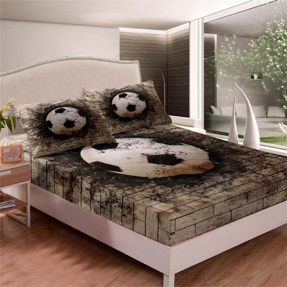 Youth Soccer Fitted Sheet Crack Wall Sheet Set for Kids Teens Boys Young Man Football Bedding Set Team Sports Games Bed Cover