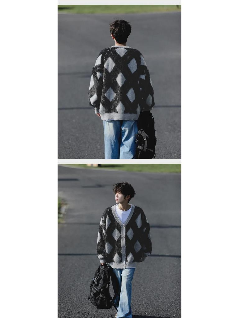 Herren Retro College-Stil Rautenmuster Strickjacke - Herbst/Winter Freizeitstrickpullover für Paare.