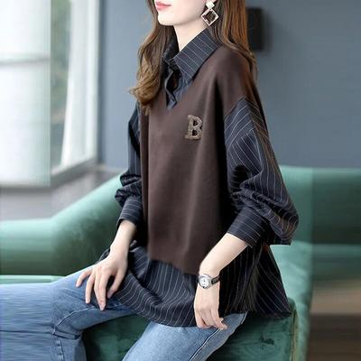 Moda Yaka Eklenmiş Gevşek Çizgili Sahte Iki Adet Bluz Kadın Giyim Sonbahar Rahat Büyük Boy Kore Gömlek Tops