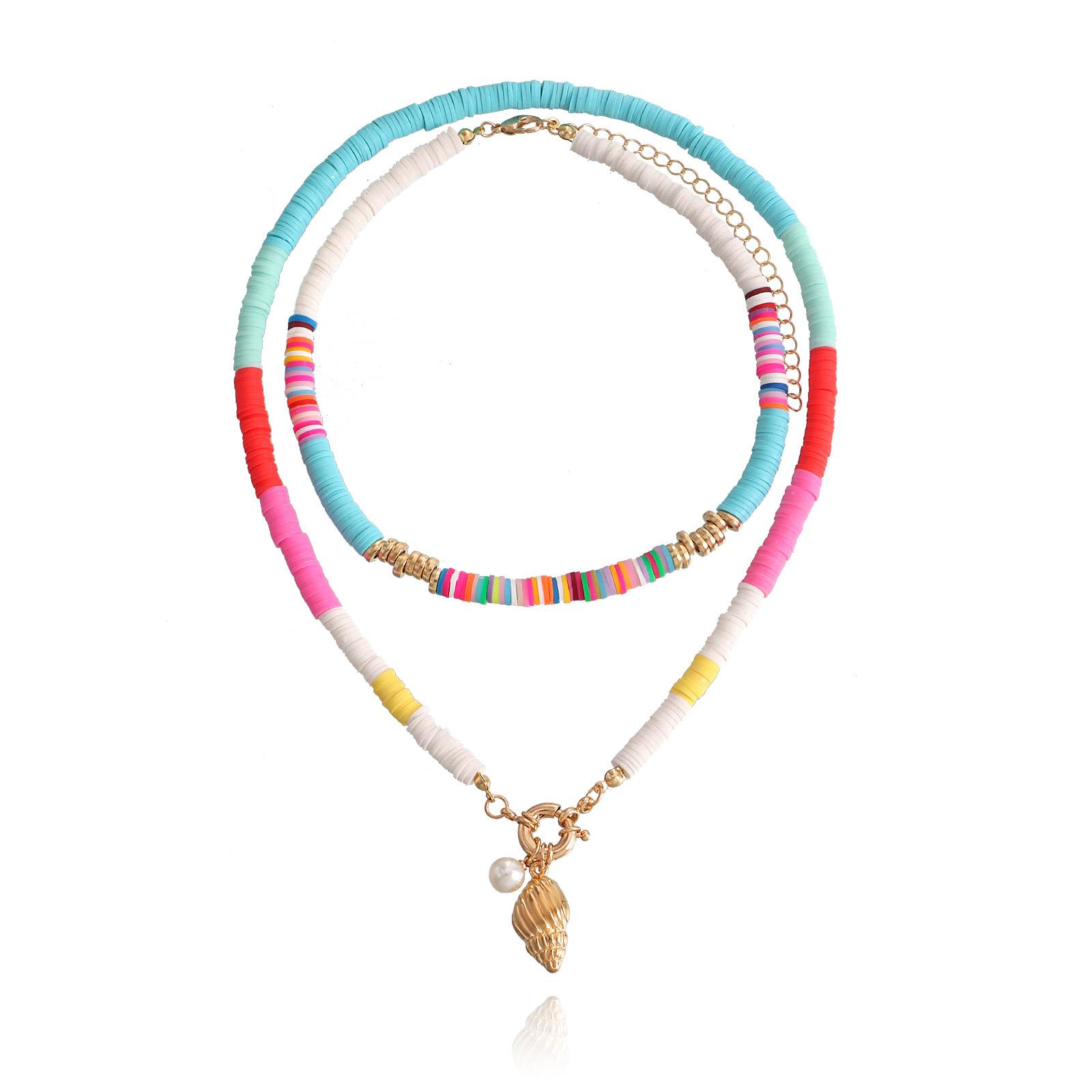 Double-layer colored pottery pearl scallop pendant necklace, marine trendy necklace золотой