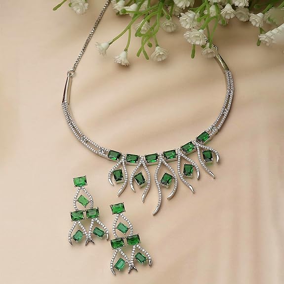 Collier contemporain clouté de diamants américains plaqué rhodium avec boucles d'oreilles, ensemble de bijoux pour filles et femmes