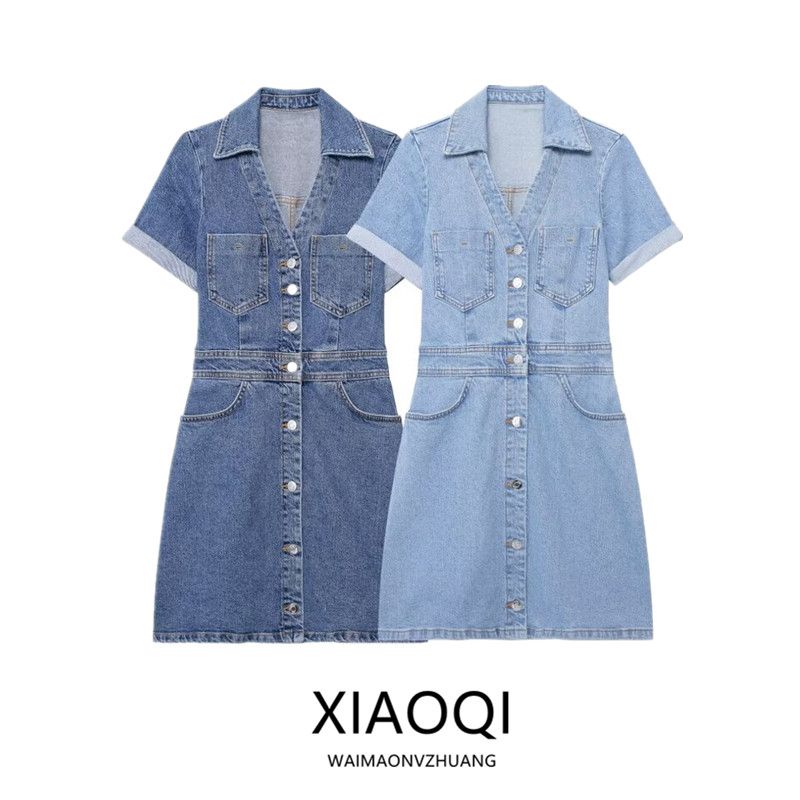 

Fashion Style 2024 Summer New Arrival Women s Clothing V-neck Double-Breasted Patchwork Denim Leisure Mini Dress 1879038 Blue L