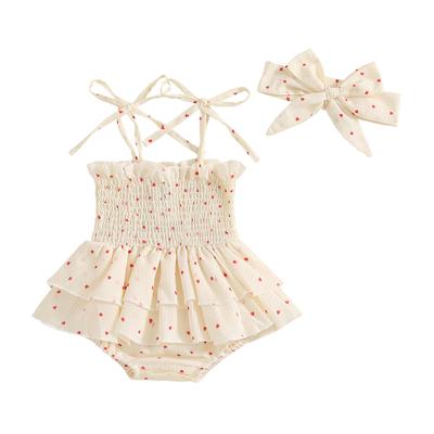 Newborn Girl Outfit, Heart Print Sleeveless Romper Dress with Hairband Summer Clothes