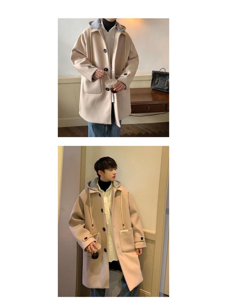 Men's Mid-Length Woolen Hooded Coat - Autumn/Winter Style, Over-The-Knee, Trendy High-End Thick Windbreaker