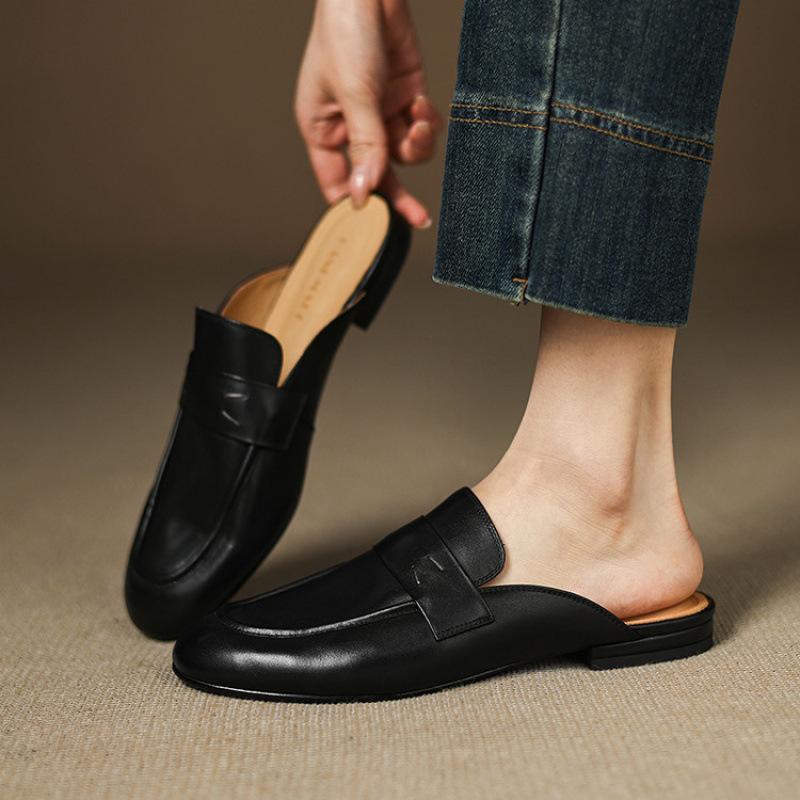 

Summer women s bag head slippers casual low heel one-pedal flat-bottomed slippers solid color leather cool slippers beef tendon soft bottom 40 чорний