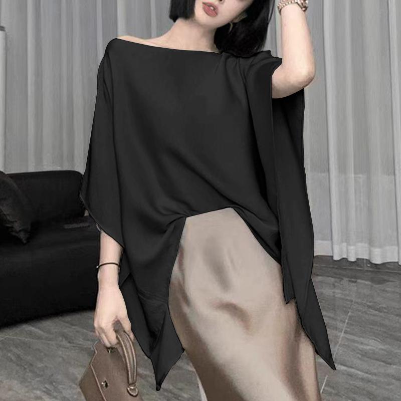 

ZANZEA Женская осенняя элегантная однотонная блузка с открытыми плечами и рукавом 3/4 4XL чёрный