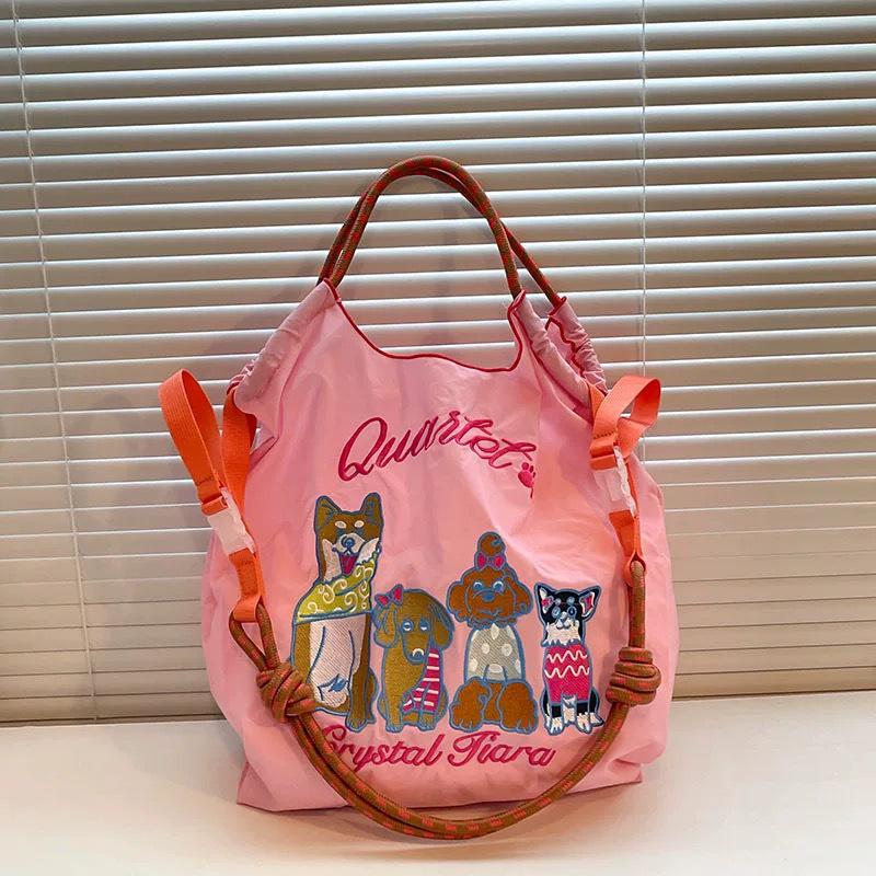 Japanese Style Handmade Waterproof Nylon Canvas Bag with Embroidered Patterns, Large Capacity