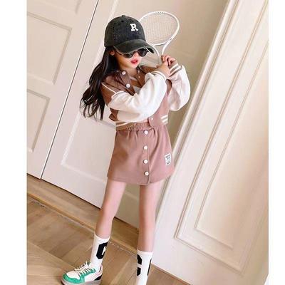 Moda Coreana para Niñas Primavera & Otoño 2024: Conjunto de Dos Piezas de Chaqueta de Béisbol con Botones y Falda