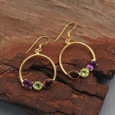Boucles d'oreilles pendantes en argent Sterling 925 pour femmes, plaqué or jaune, améthyste, péridot, grenat, bijoux fins