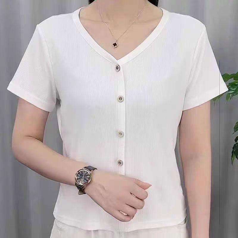 

Summer V-Neck Slimming Short Sleeve Cotton Top - Plus Size Women s Fashion L красный